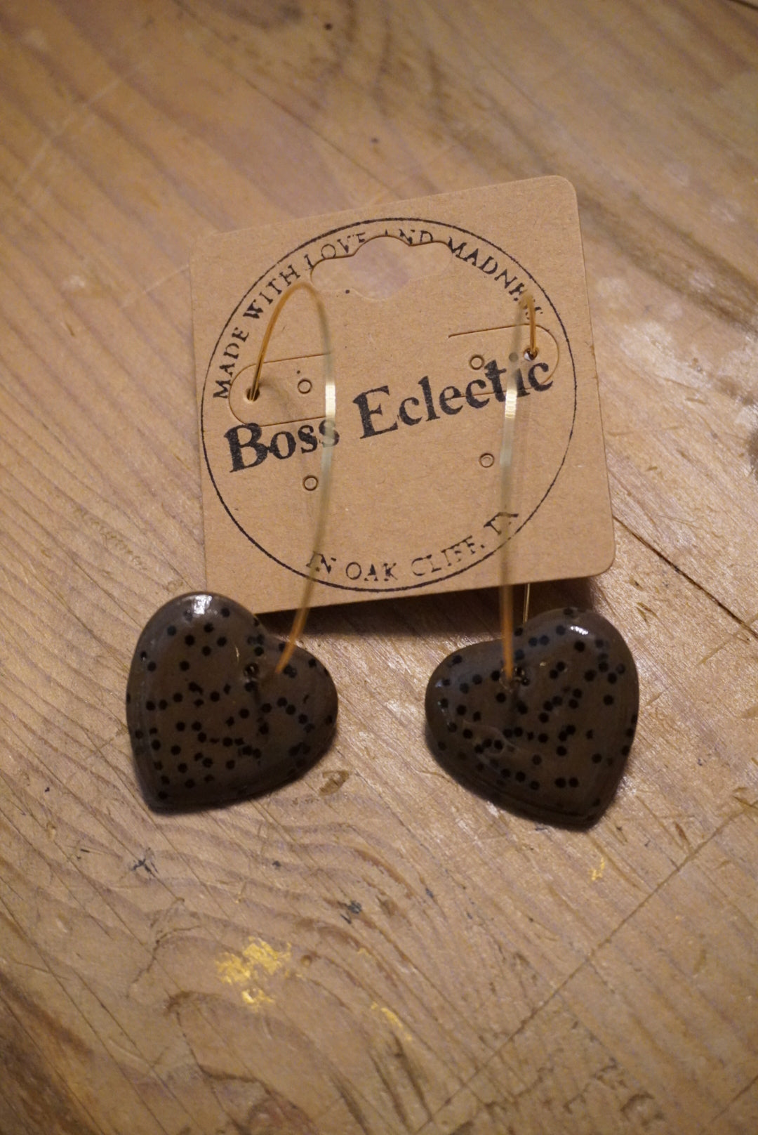 Brown Polka Dotted Heart Hoops