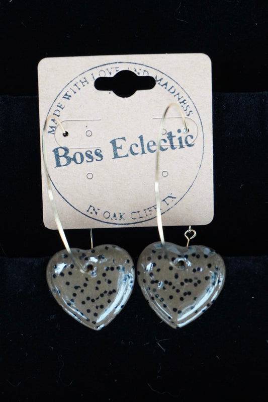 Brown Polka Dotted Heart Hoops