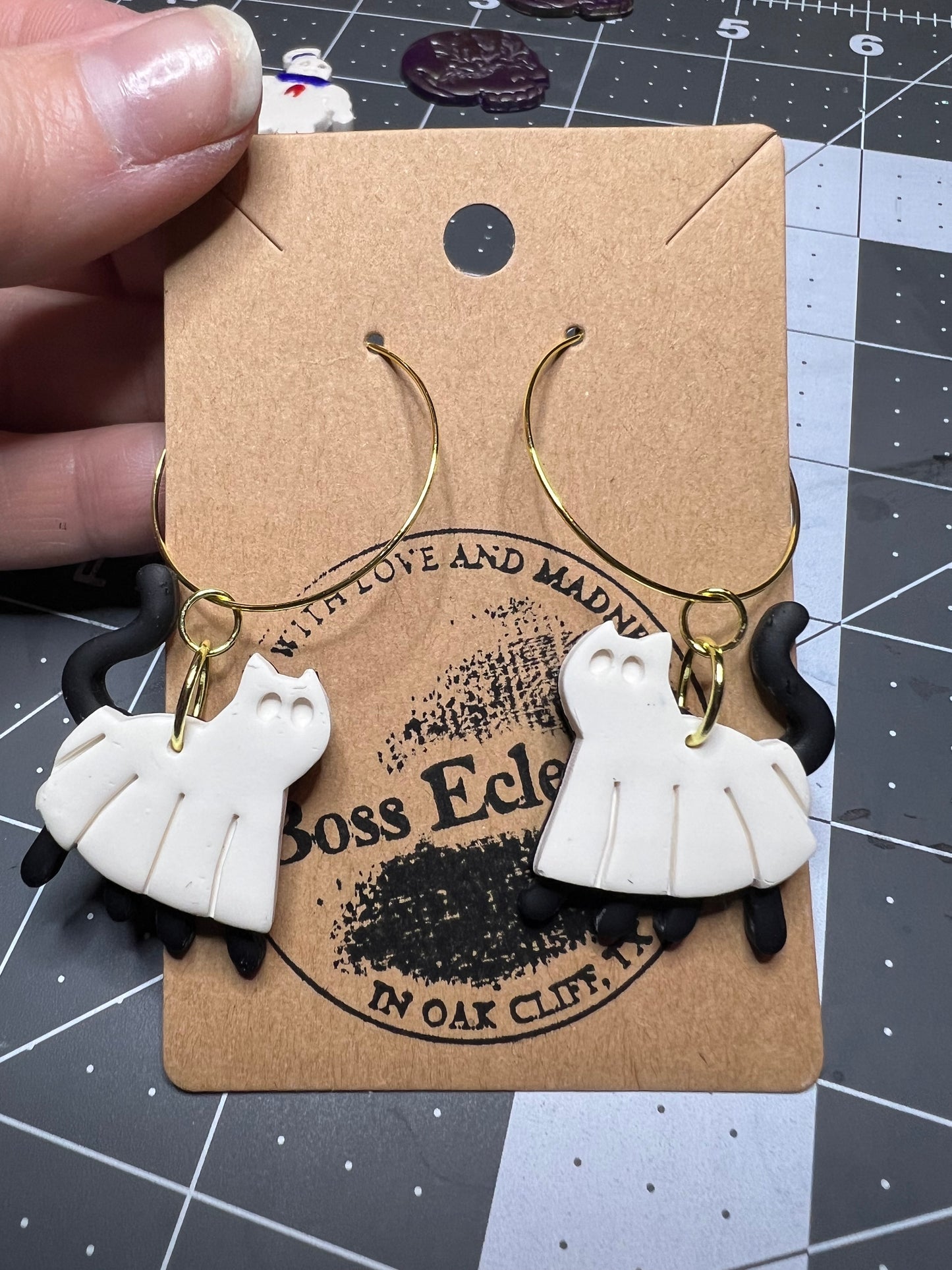 Cat Sheet Ghost Polymer Clay Earrings